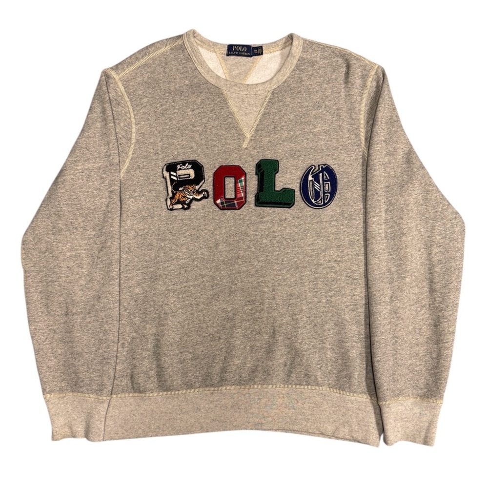Vintage 90s POLO Chenille Patch Logo Crewneck Sweater - Heather Grey XXL - Picture 5 of 5